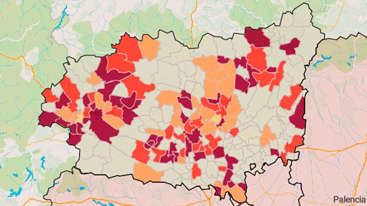 Mapa con los municipios leoneses en riesgo 'muy alto' por su incidencia acumulada a siete días. | L.N.C.