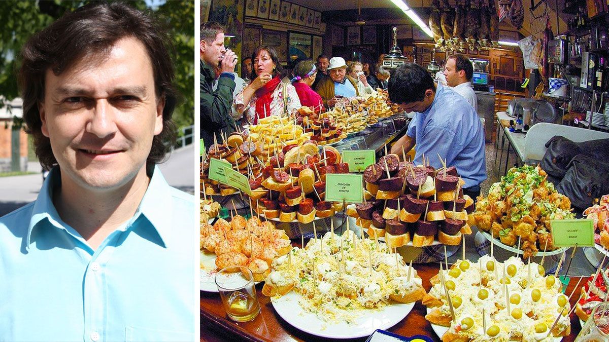 Norberto Muñiz y una barra de 'pintxos' vasca. | L.N.C. Norberto Muñiz y una barra de 'pintxos' vasca. | L.N.C.