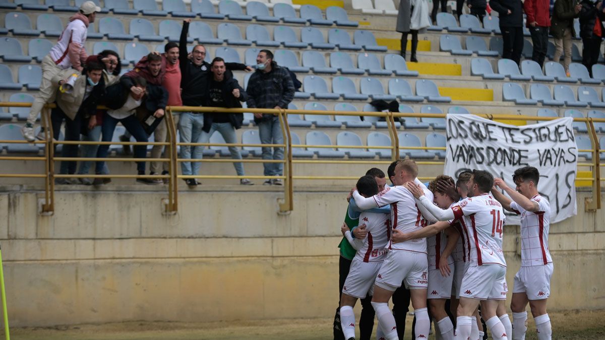 Aficionados de la Cultural celebran en las gradas del Reino uno de los goles ante la SD Logroñés. | MAURICIO PEÑA