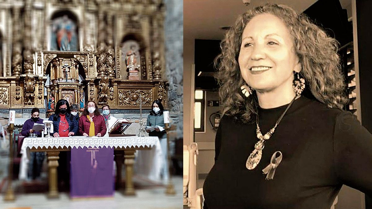 Miembros del Coro de Castrocontrigo ensayando ‘El Canto de los Dolores’ que interpretarán de dos en dos; y Marina Justel, ‘guardiana’ de las tradiciones. | F. F.