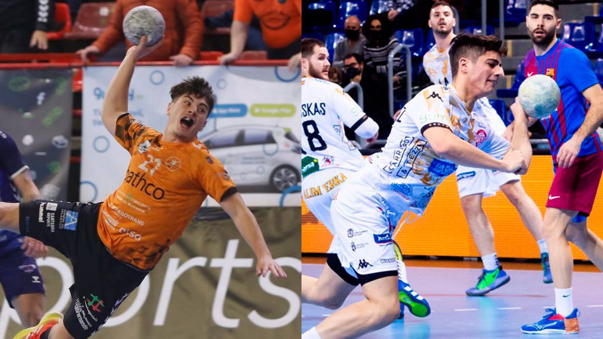 Isidoro Martínez y Antonio Martínez, lanzando en partidos de esta campaña con Torrelavega y Ademar. | LUIS PALOMEQUE (BM TORRELAVEGA) / VÍCTOR SALGADO