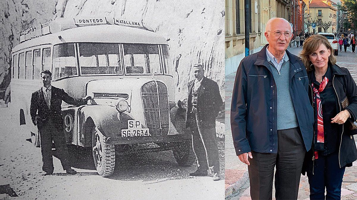 En la izquierda, uno de los autobuses más recordados de la empresa. En la derecha Carlos Reyero con Lucía, una de sus sobrinas mejicanas. | L.N.C.