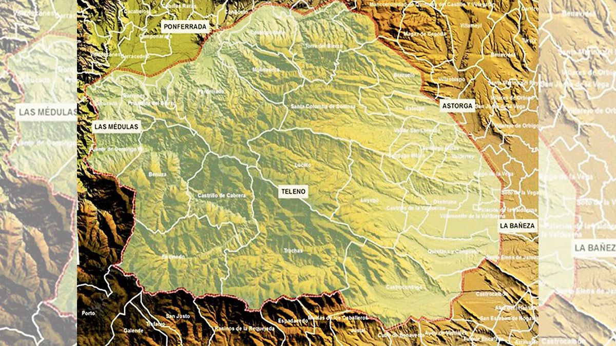 Mapa del Geoparque Médulas Teleno con todos los pueblos y comarcas que abarca en su extenso territorio. | L.N.C.
