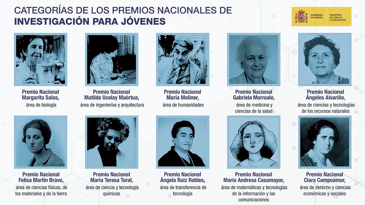 Cuadro del Ministerio de Ciencia y Tecnología con los  premios nacionales que acaba de crear y los nombres de científicos que llevarán, entre ellos Ángela Ruiz. | L.N.C.