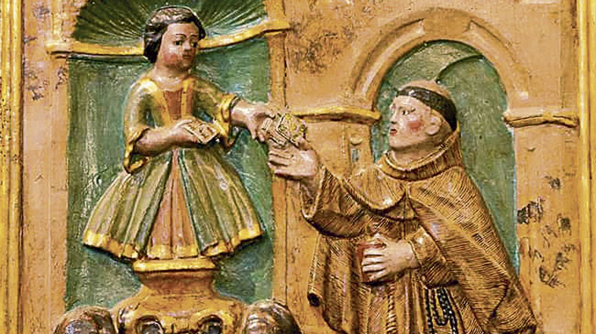 Escena del Santuario de Nuestra Señora de las Angustias en la que el Niño Jesús le entrega una carta a San Antonio y lleva aún otra en la mano. | L.N.C. Escena del Santuario de Nuestra Señora de las Angustias en la que el Niño Jesús le entrega una carta a San Antonio y lleva aún otra en la mano. | L.N.C.