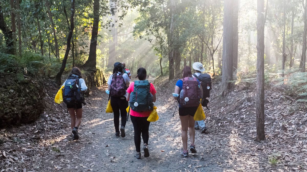 Varios peregrinos con bolsas para ir reciclando durante su trayecto por el Camino de Santiago. | L.N.C.