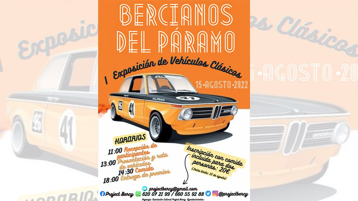 Cartel de la exposición de vehículos clásicos que se celebrará en Bercianos el 15 de agosto. | L.N.C.