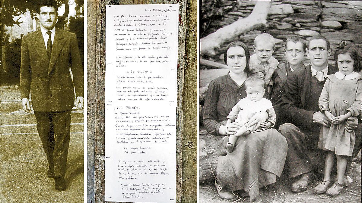 José Rodríguez Cañueto, la carta y Antonio León Carrera, asesinado, con su familia. | ARCHIVO SANTIAGO MACÍAS