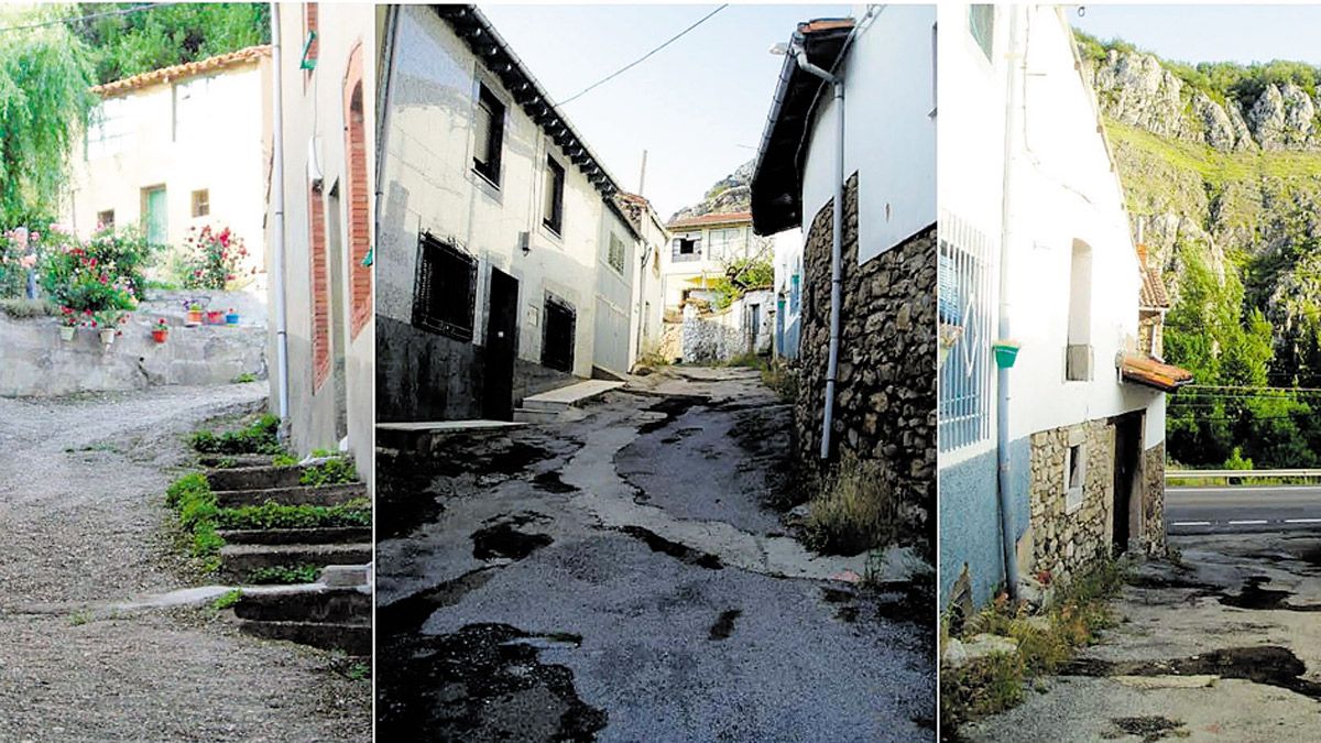 Tres miradas desde la Calle La Cuesta, típica de Vega de Gordón, recorrida de arriba a abajo. | NOHELIA ALFONSO