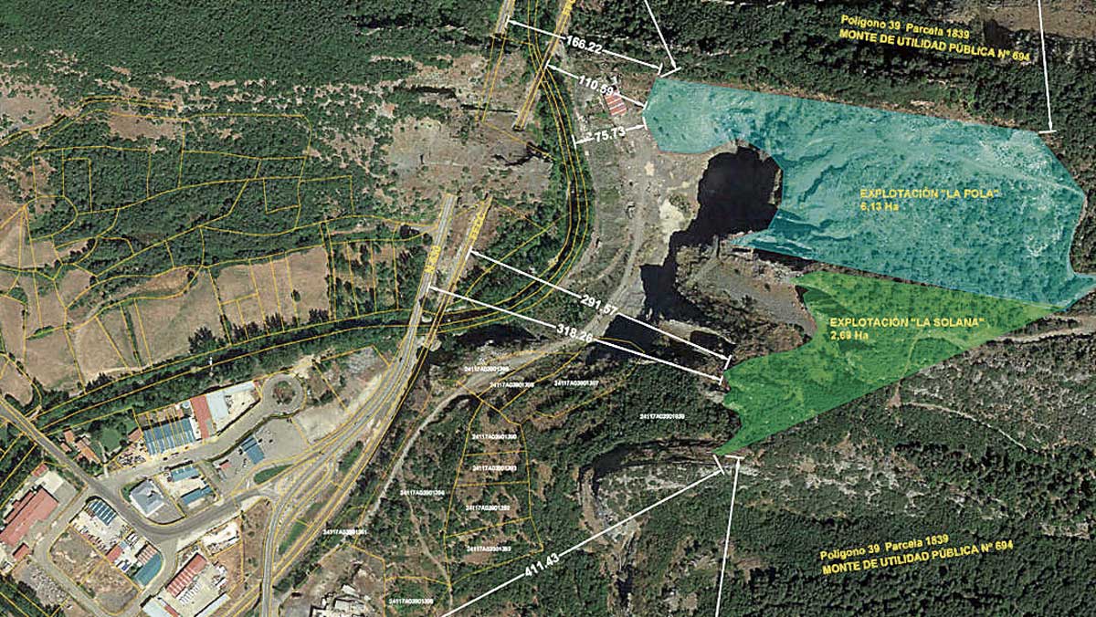 En la imagen, mapa con la representación de los dos proyectos de cantera en La Pola de Gordón. | L.N.C.