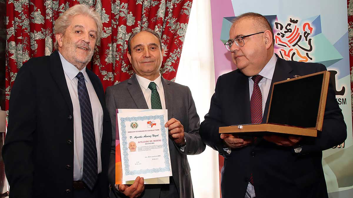 El consejero de Sanidad (derecha) durante la clausura de la XXVII Jornada de Trabajo del Sindicato de Veterinarios de León. | ICAL