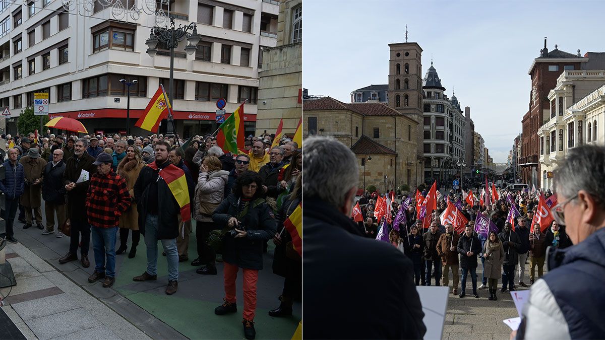 A la izquierda, la concentración de Vox en Ordoño, a la derecha, de los sindicatos ante Botines. | JESÚS F. SALVADORES