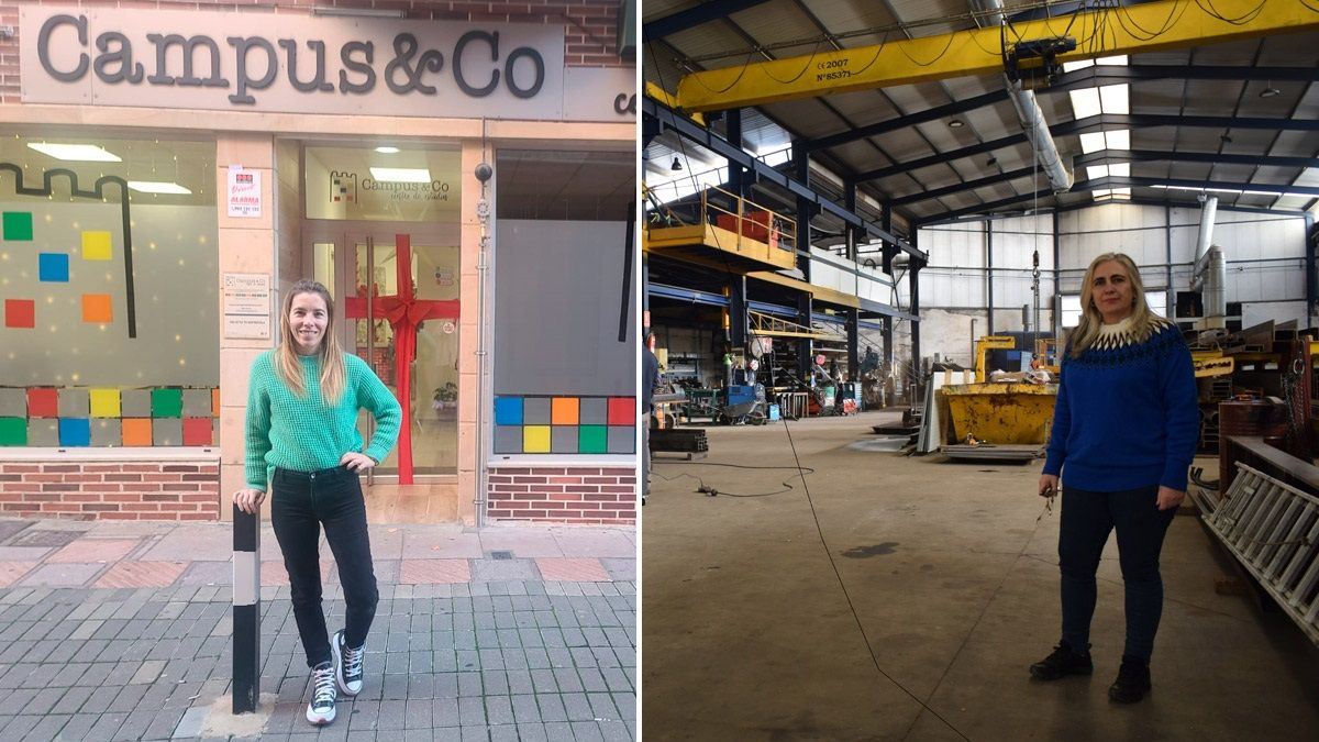 A la izquierda, Elena Alburquerque frente a las puertas de Campus&, y a la derecha, Mar Blanco, en las instalaciones de Estructuras Robles.