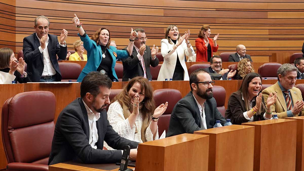 Los procuradores del Grupo Socialista celebran el error en la votación de la Ley de Medidas Presupuestarias. | RUBÉN CACHO / ICAL