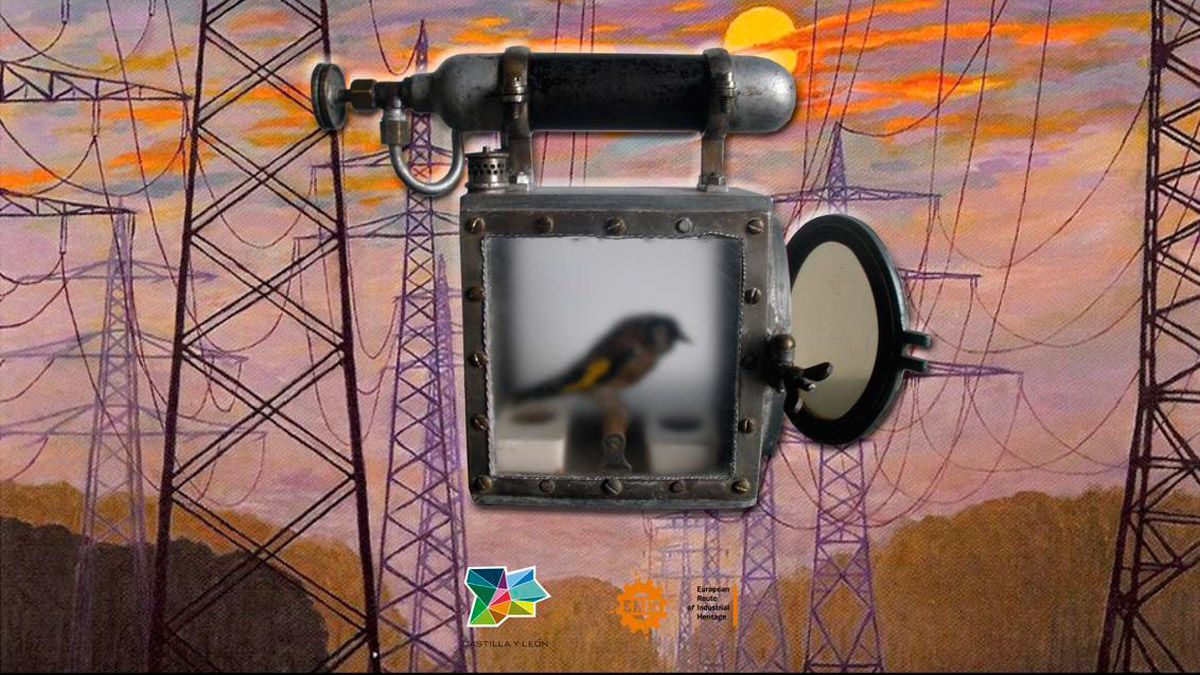 La famosa ‘jaula con pájaro’ para saber si había gas, usada en el cartel de la charla.