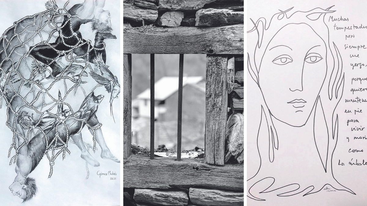 Tres de las ilustraciones que acompañan al poemario ‘Recatar el olvido’ sobre la obra de Manuela López García. | L.N.C.