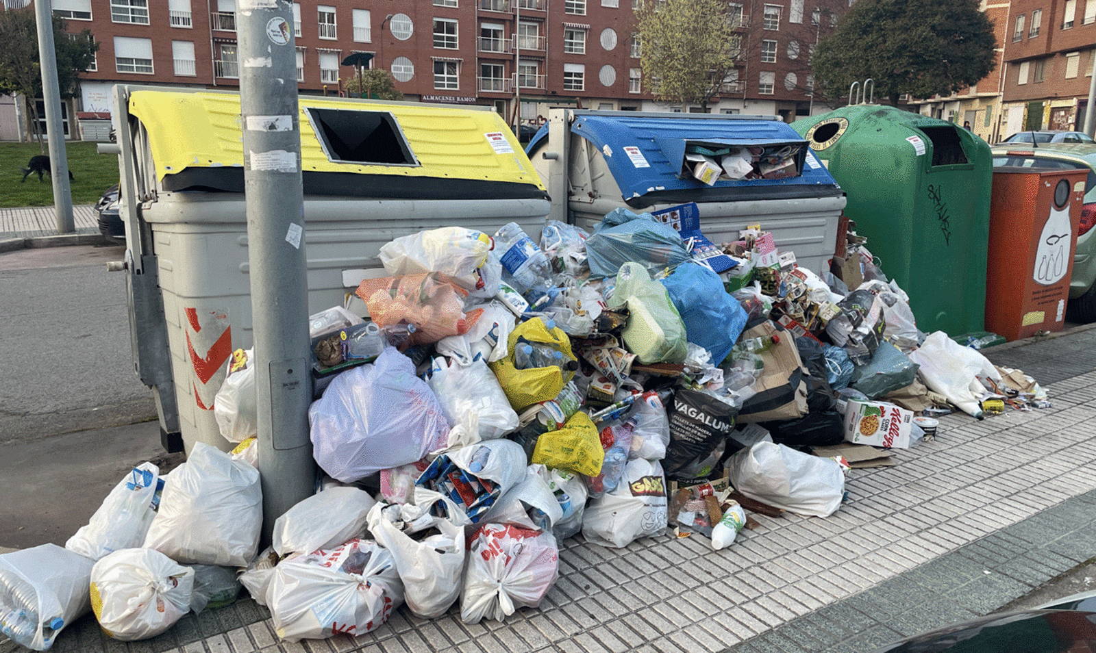 Pocos contenedores como los de la imagen, en el barrio del Temple, se ven a rebosar en Ponferrada. | Javier Fernández