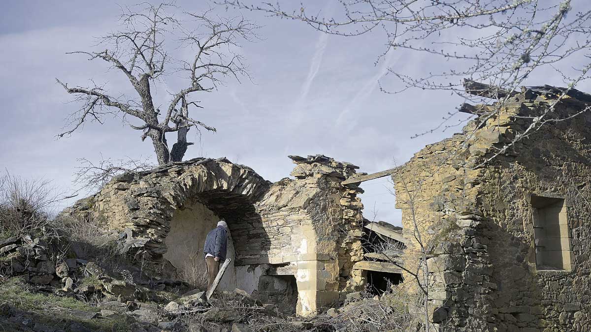 Manolo Viloria observa las ruinas de la iglesia de San Juan Evangelista de Santibáñez de Montes, cuyos arcos han sido trasladados. | Jesús F. Salvadores