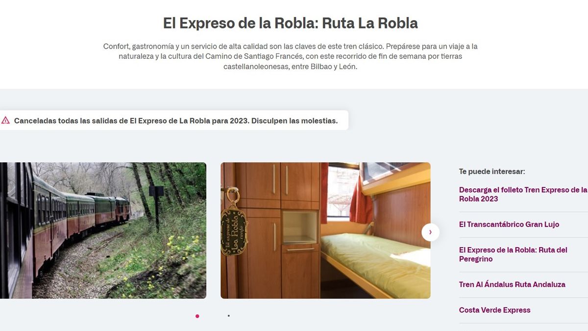 Anuncio de la cancelación de todas las salidas del Expreso de La Robla previstas para este año. | RENFE