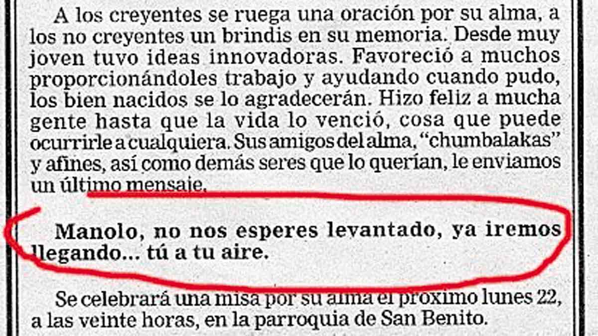 Una de las curiosas esquelas recopiladas en este reportaje de Fulgencio Fernández. Una de las curiosas esquelas recopiladas en este reportaje de Fulgencio Fernández.