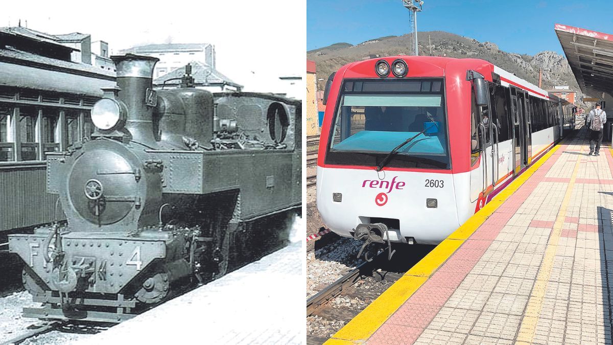 Una de las locomotoras del Hullero en León en el año 1962 y los vagones actuales. | LG MARSHALL / RENFE