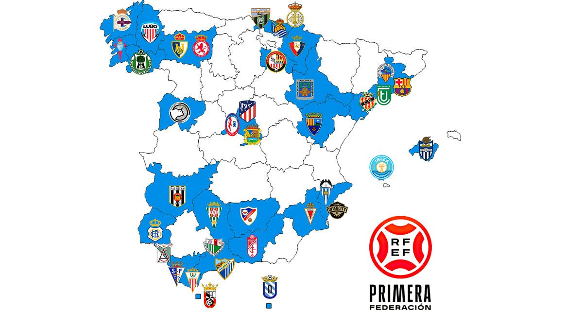 Gráfico con los 38 equipos de Primera Federación que se conocen y su ubicación geográfica. | JORGE ALONSO