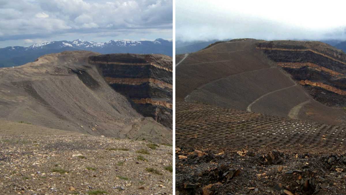 Pared de pórfidos la explotación minera Feixolín. Arriba, antes de las obras, debajo, después de las mismas. | ICAL