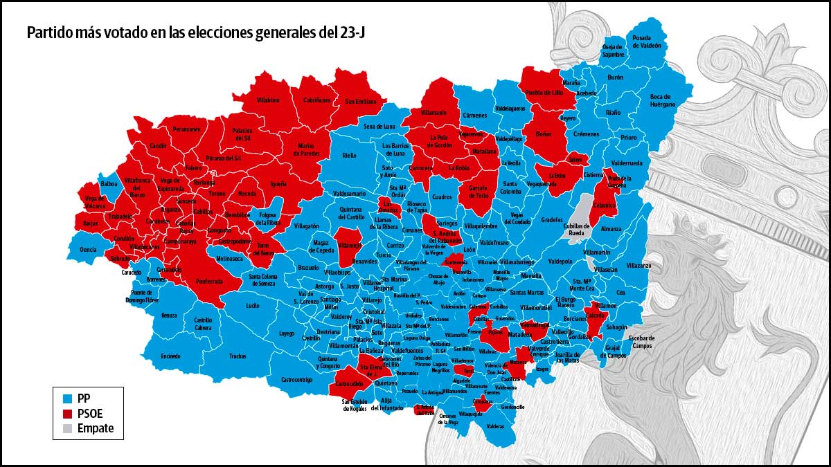 Resultado electoral del 23-J en la provincia de León por municipios. | GRÁFICO DE MARÍA HERRERO
