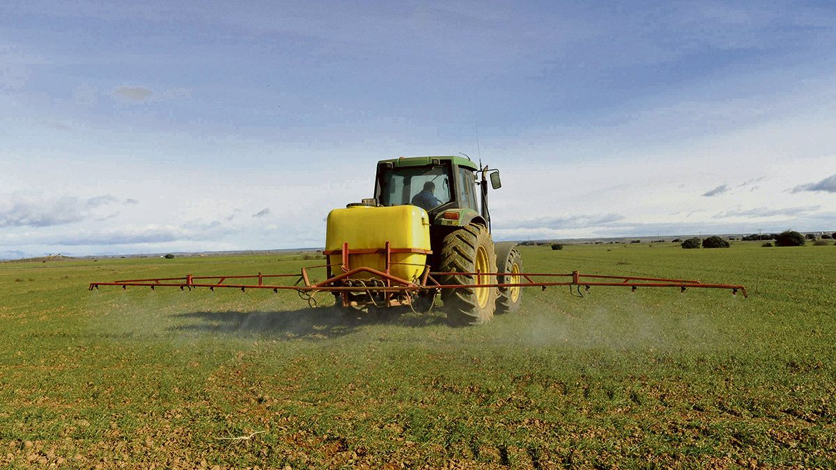 Un agricultor aplicando fitosanitarios en un cultivo en una finca de la provincia de León. | DANIEL MARTÍN