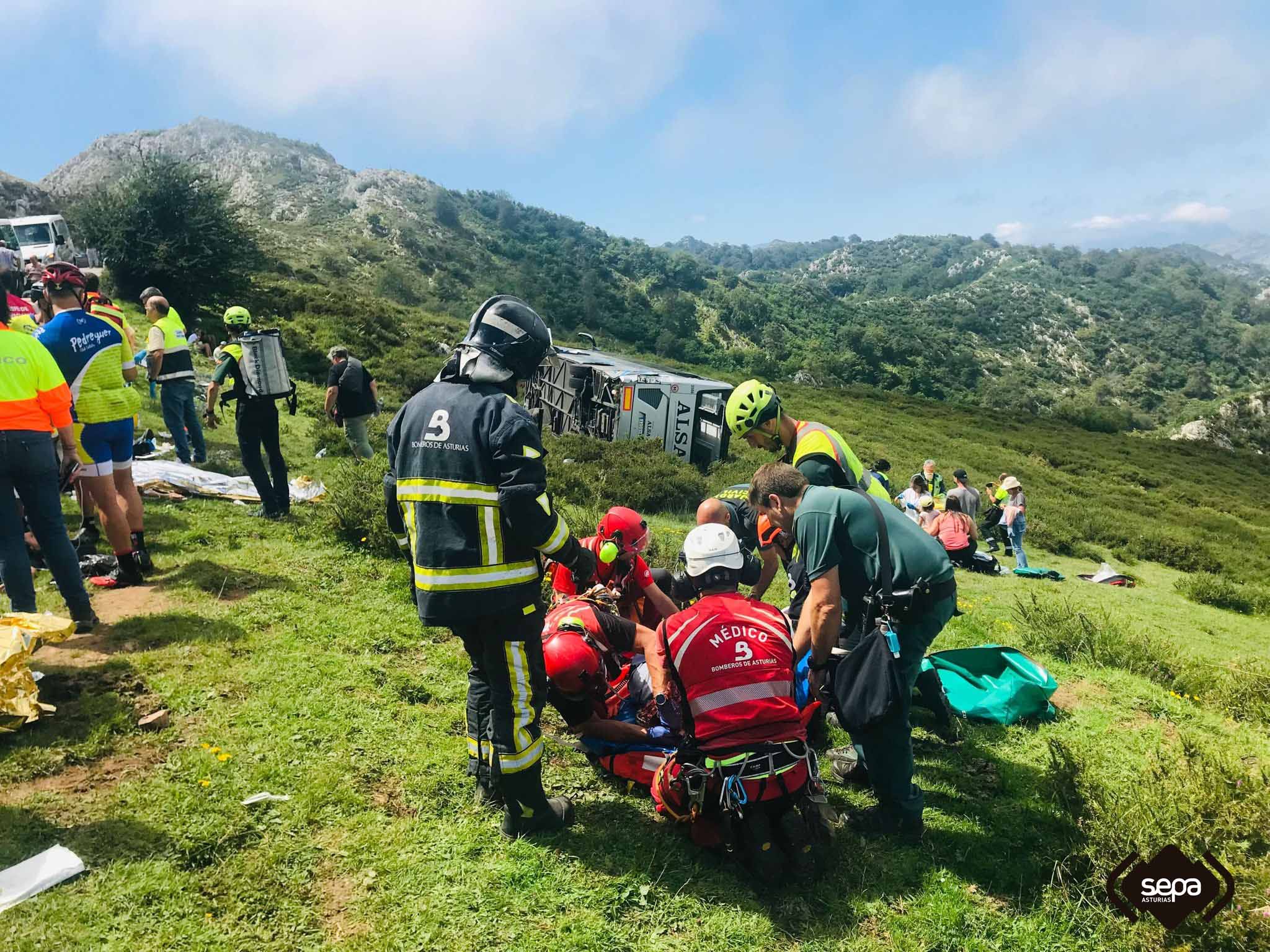 Efectivos de emergencias rescatan a los heridos en la ladera de los Lagos de Covadonga. | SEPA