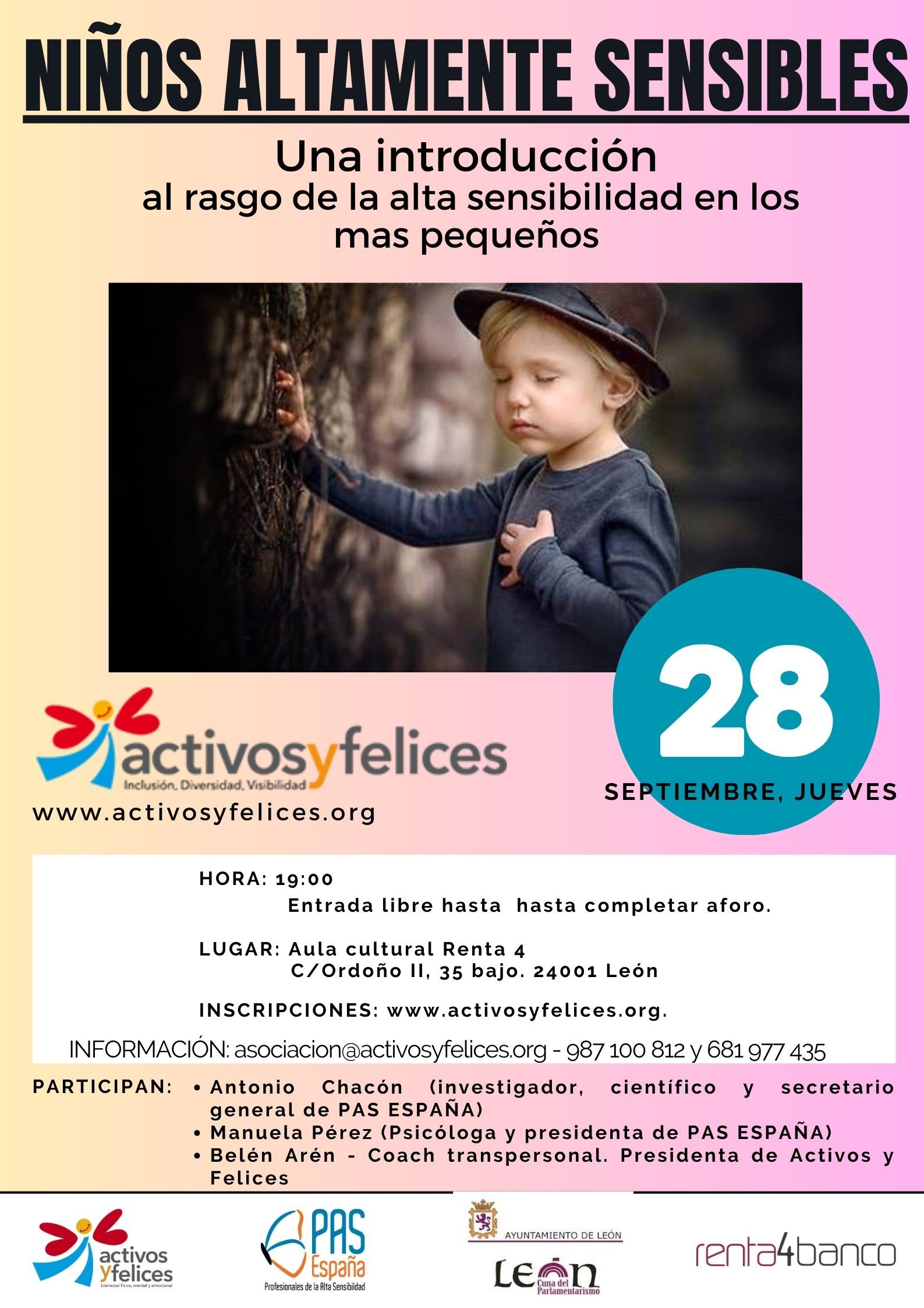 Cartel de Activos y Felices para la charla sobre niños con alta sensibilidad del 28 de septiembre.