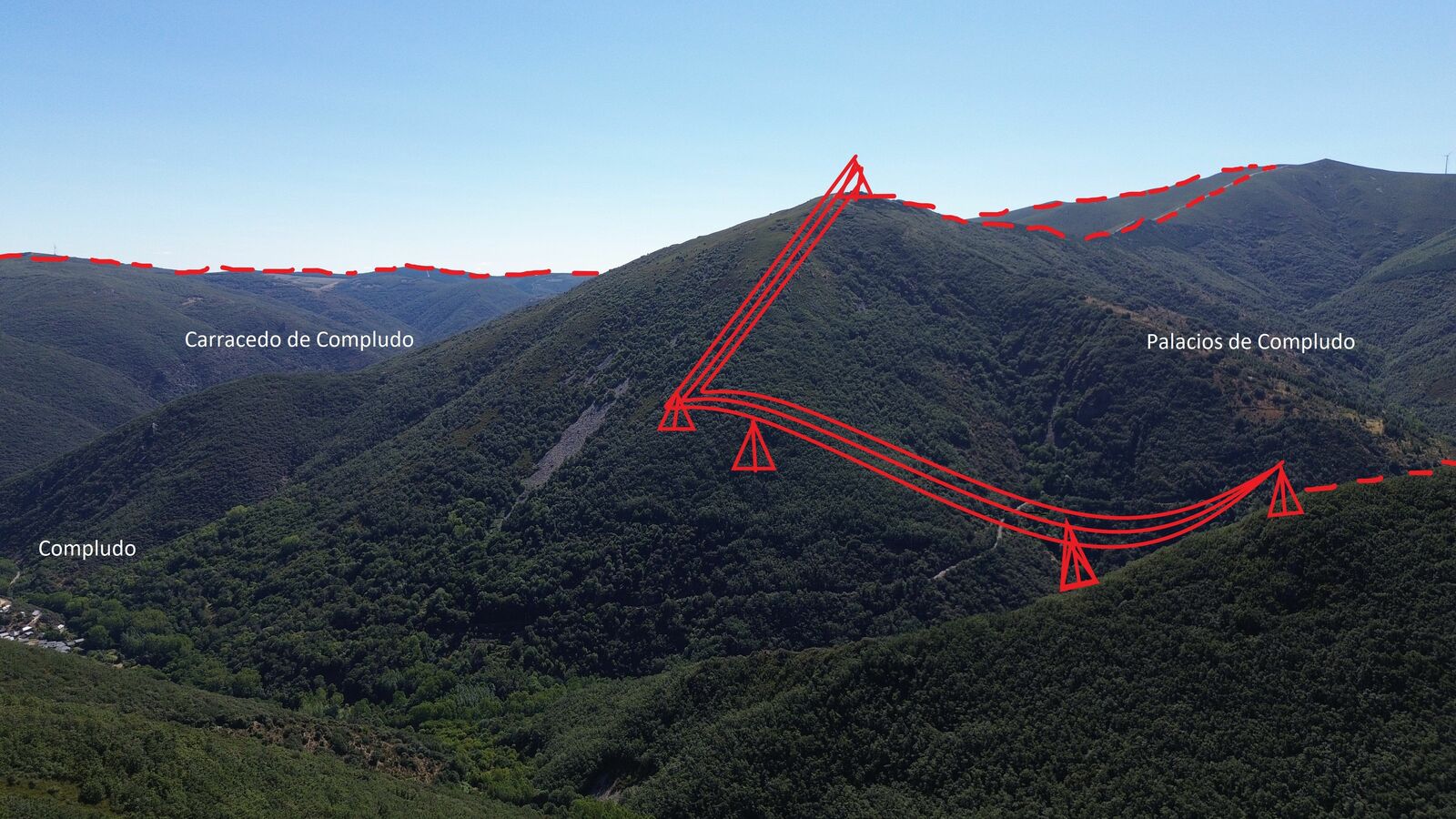 Líneas de evacuación del proyecto marcadas por A Morteira. 