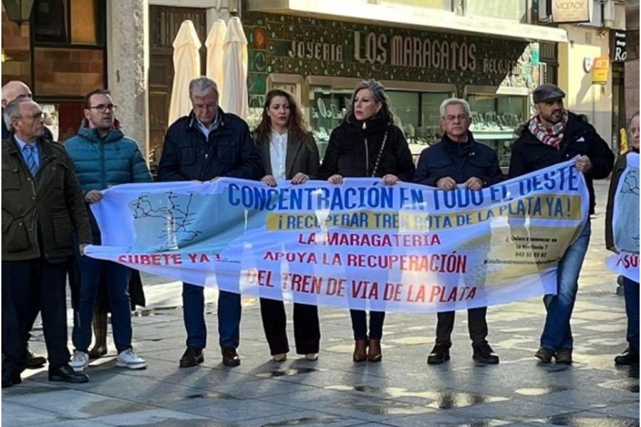 Los políticos del PP en la concentración por el tren de la Ruta de la Plata, el pasado sábado en Astorga. | L.N.C.