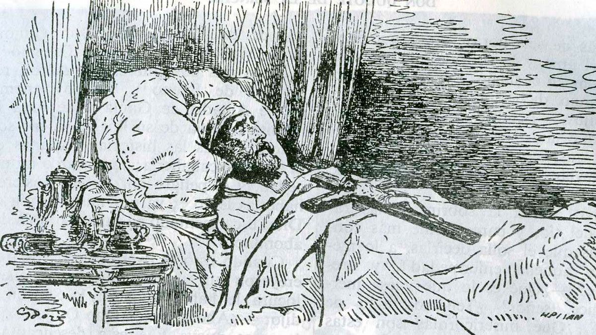 Entre las famosas ilustraciones de Doré dedicadas a El Quijote se encuentra la de la muerte del protagonista, con un crucifijo sobre su cuerpo.