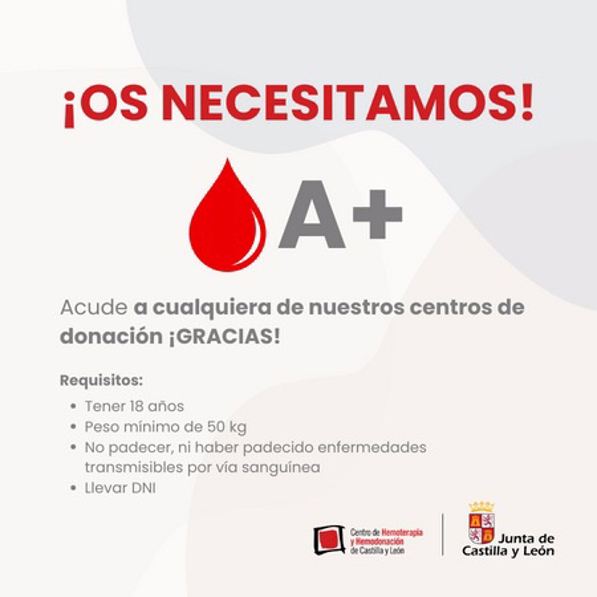 Gráfico solicitando donaciones de sangre A+. | Centro de Hemoterapia y Hemodonación de Castilla y León