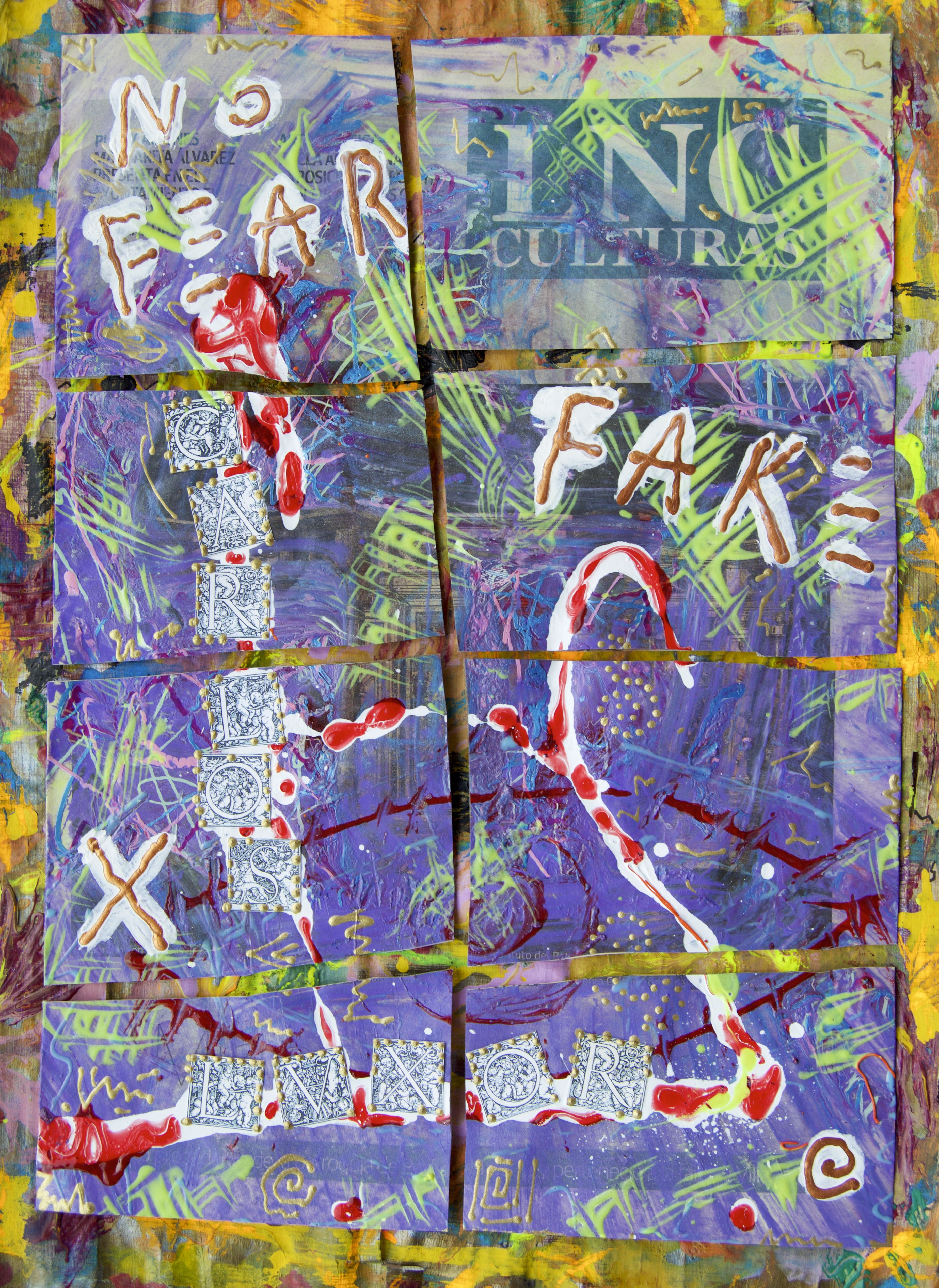 Carlos Luxor. Fake. Acrílico, papiro y papel de periódico. 29,5 x 39 cm. 2023.