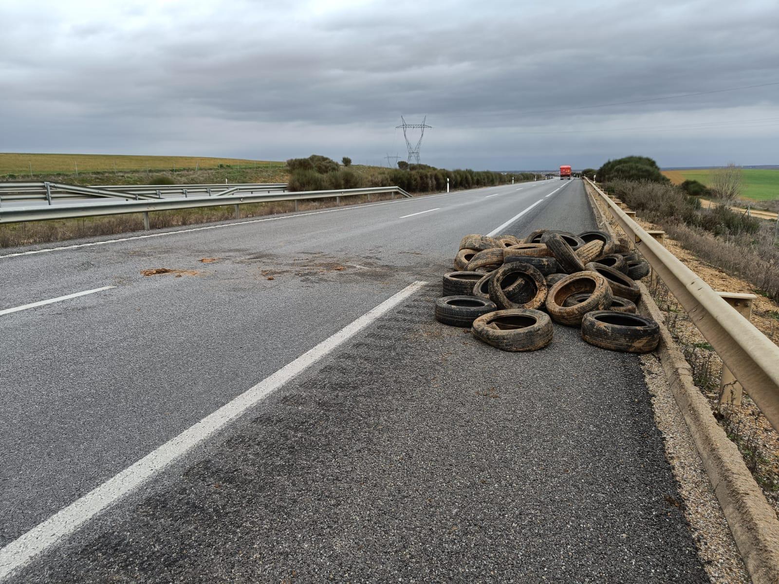 Neumáticos que la Guardia Civil ha retirado de la A-66 a la altura de Toral de los Guzmanes para evitar el corte del tráfico. | L.N.C.