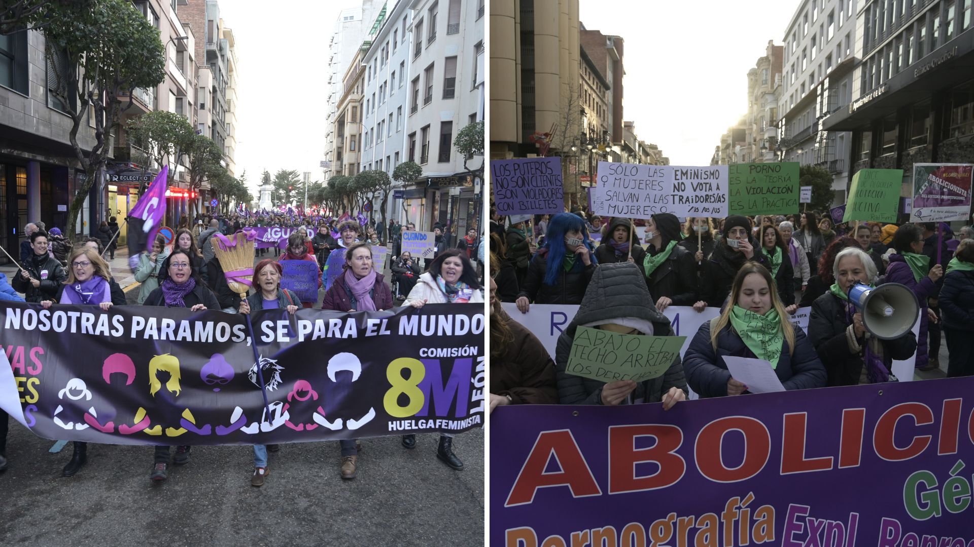 A la izquierda, manifestación convocada por la Comisión 8M, a la derecha participantes en la del Movimiento Feminista. | JESÚS F. SALVADORES