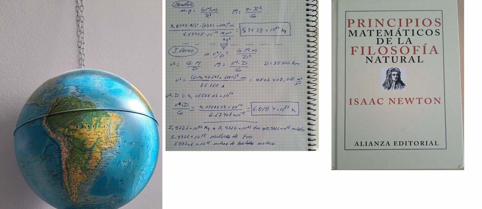 La Tierra colgada de una cadena para que se pueda «pesar» , los cálculos matemáticos y el libro de Newton que trata este tema.