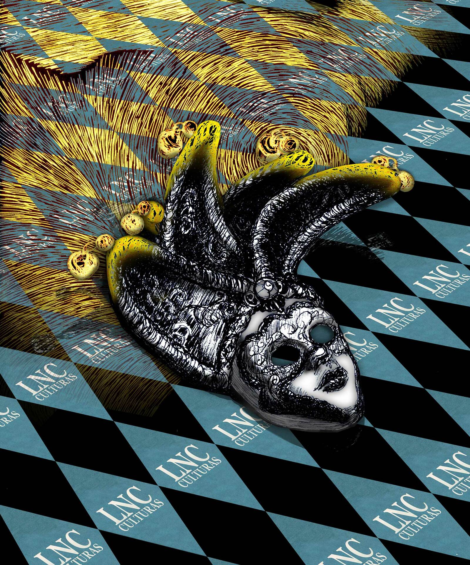 Tránsito Esteban. Arlequín. Collage digital de dibujo e infografía. 2024. Tránsito Esteban. Arlequín. Collage digital de dibujo e infografía. 2024.