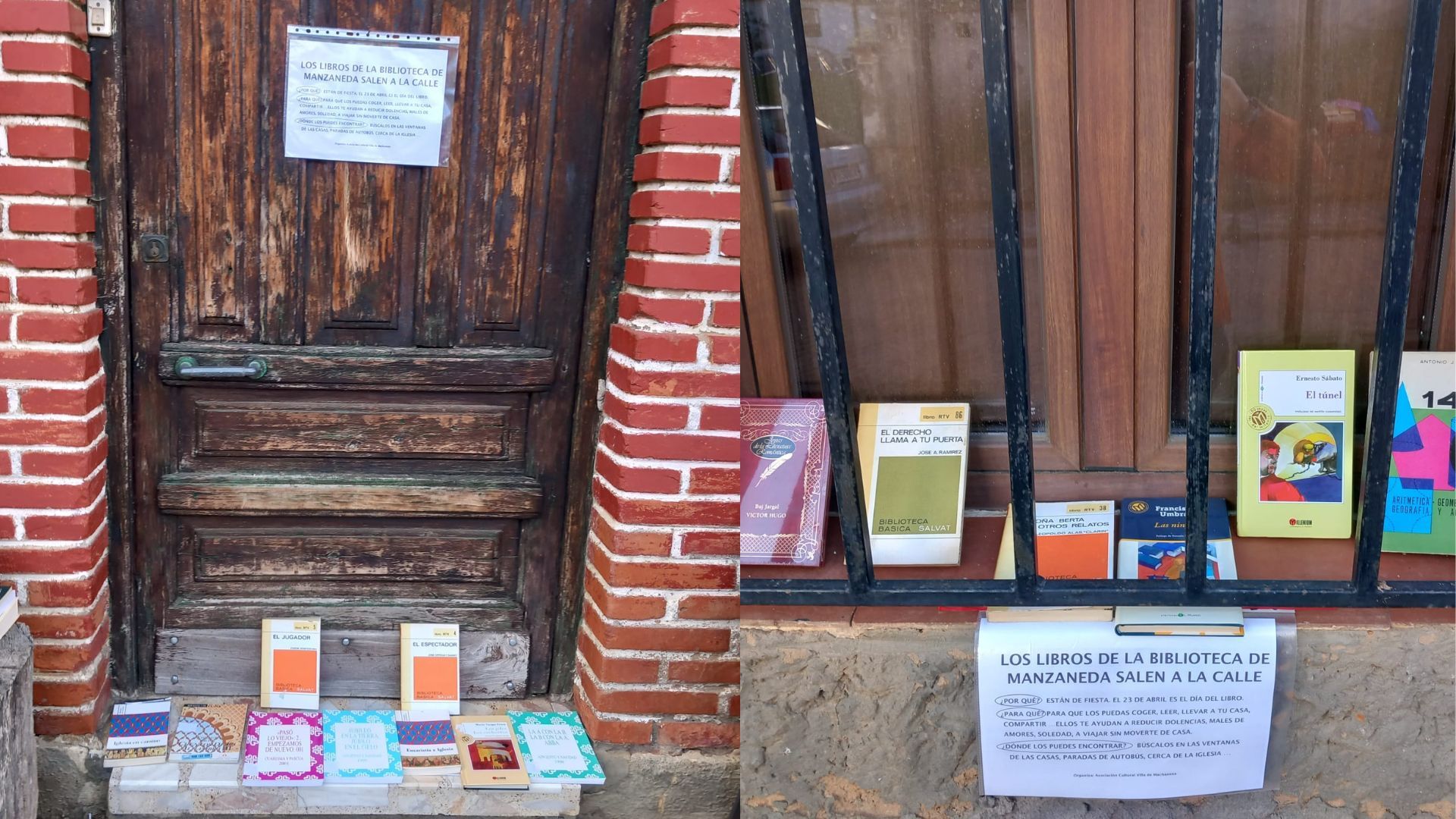 Libros esperan a los lectores en la puerta de su casa, en las ventanas... están 'sembrados' por el pueblo. | ASOCIACIÓN ULTURAL DE MANZANEDA