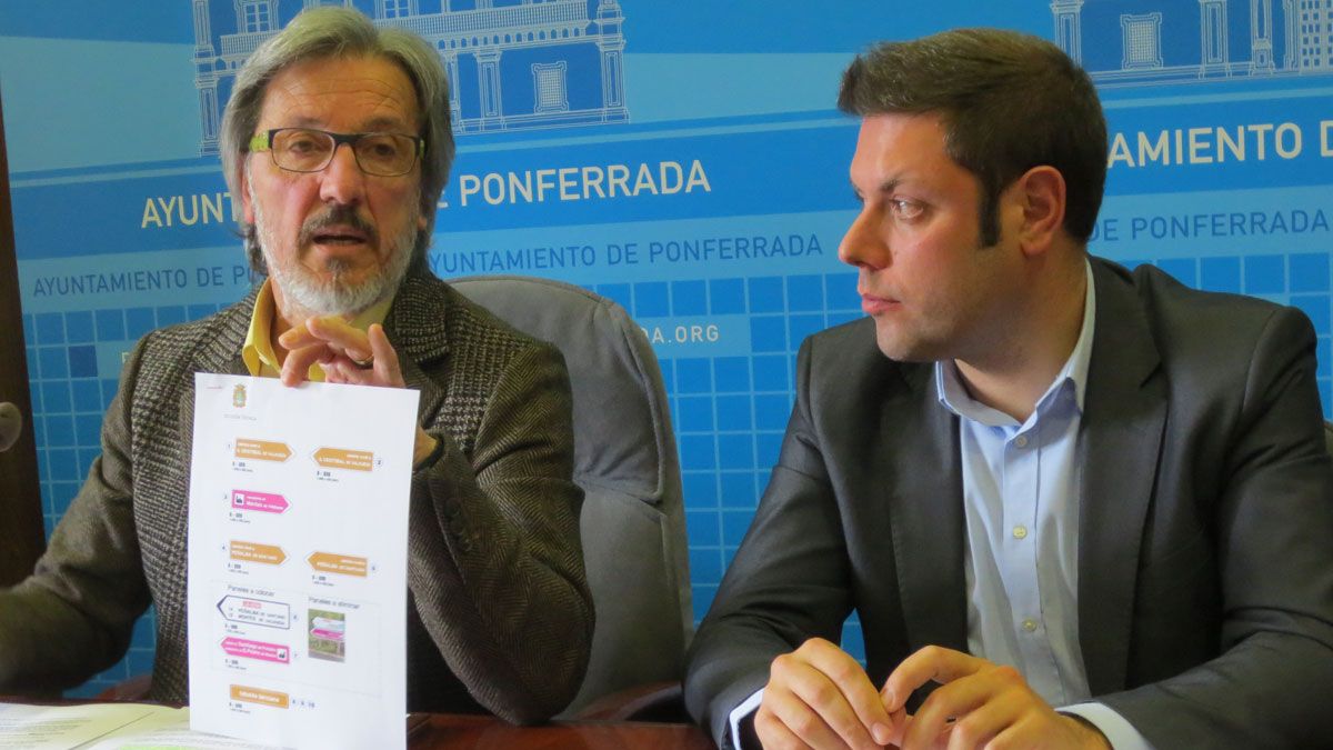 Pedro Muñoz muestra la nueva señalización para la Tebaida, junto a Iván Alonso. | L.N.C.
