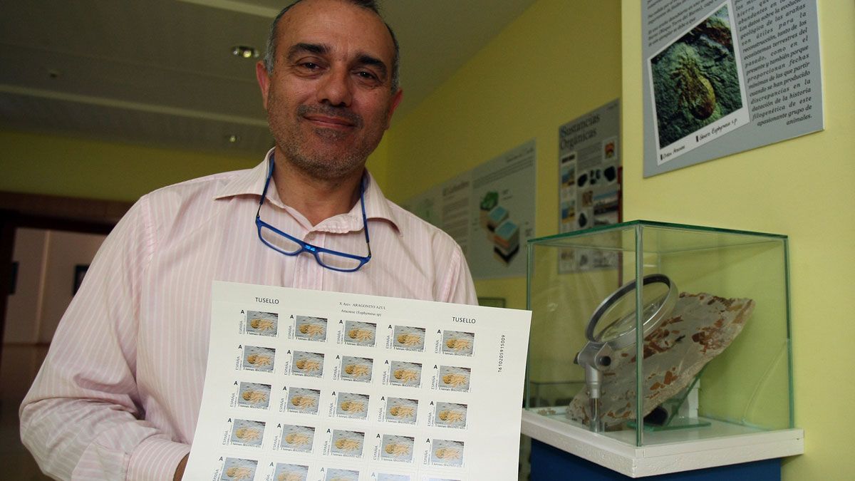 Juan Rincón muestra los sellos conmemorativos de la araña fósil de Santa Marina de Torre, que está a su derecha. | C. SÁNCHEZ (ICAL)