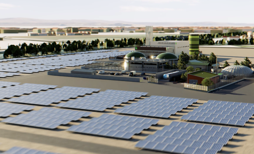 Infografía del parque de energías renovables que se construirá en Puente Castro para dar servicio a la red de calor sostenible. JCYL