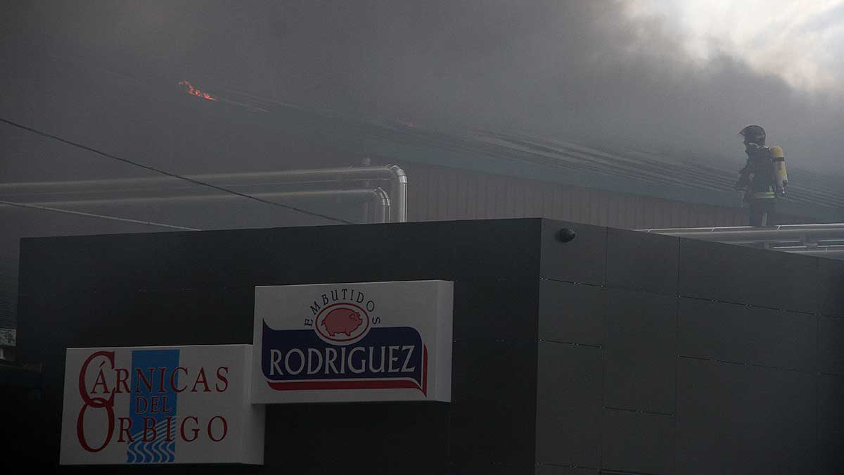 Las llamas arrasaron el pasado 21 de mayo gran parte de la planta de Embutidos Rodríguez en Soto de la Vega. | ICAL