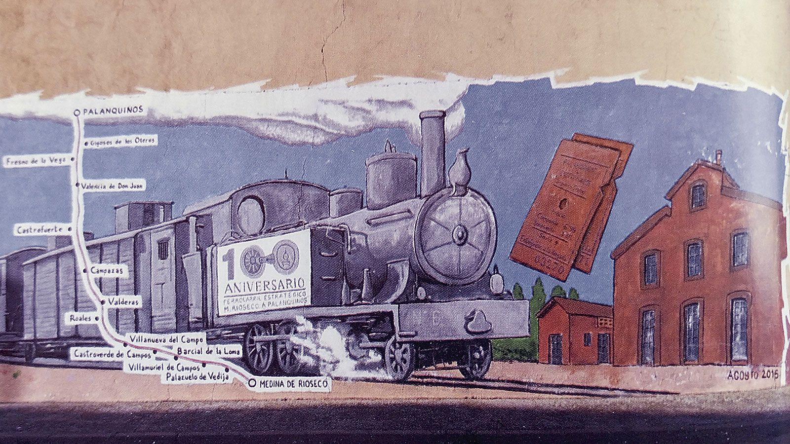 El mural realizado en Castrofuerte para celebrar el centenario de El Charango recoge todo el recorrido del llamado tren burra. | SECUNDARIOS DE CASTILLA
