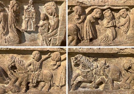 Detalles del sepulcro que retratan la donación, el asesinato, la huida de Nuño Pérez a caballo y la muerte de Nuño Pérez.