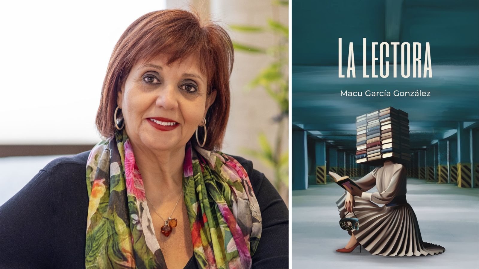 La escritora de Sotillos de Sabero, Macu García Álvarez junto a la portada de su nueva novela, ‘La lectora’. | L.N.C.
