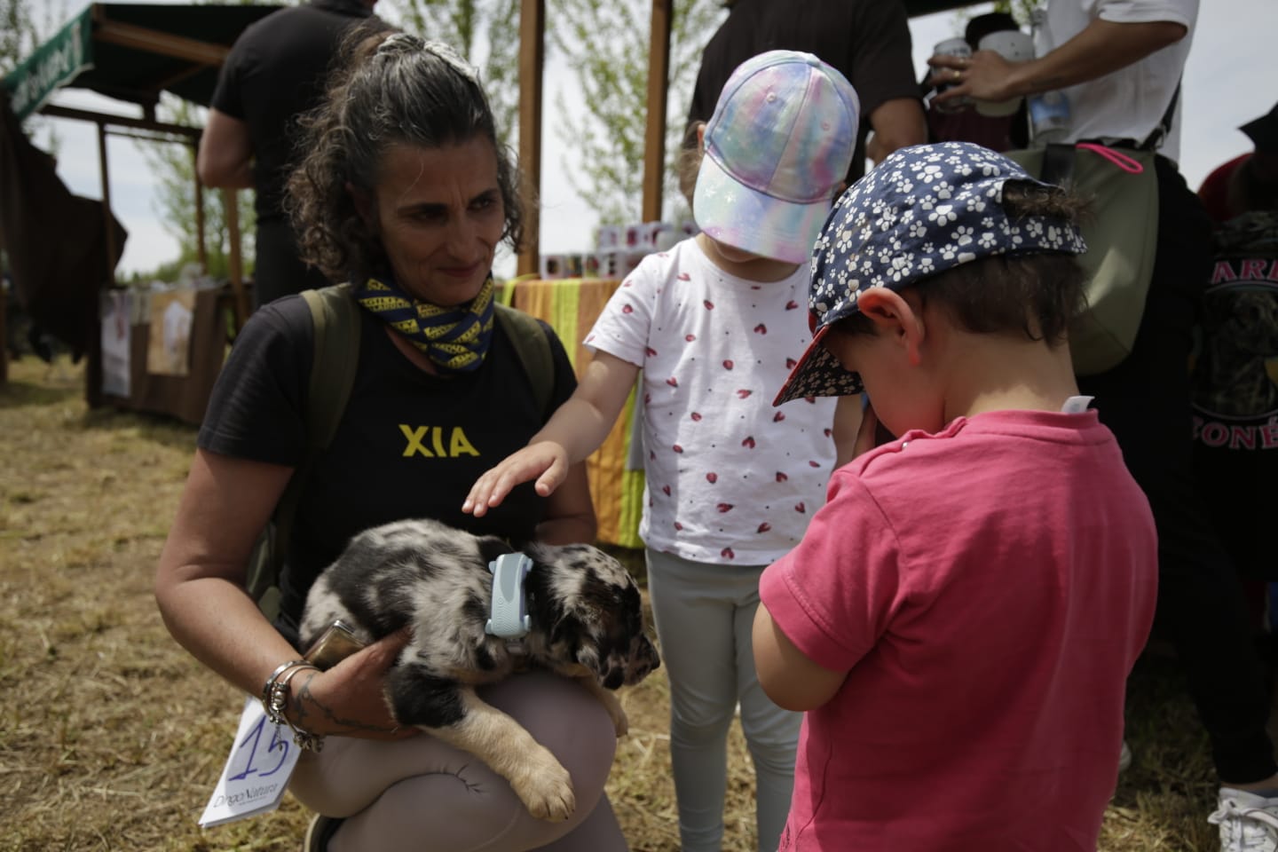 Dos niños acariciando a uno de los perros en la feria. | FERNANDO OTERO