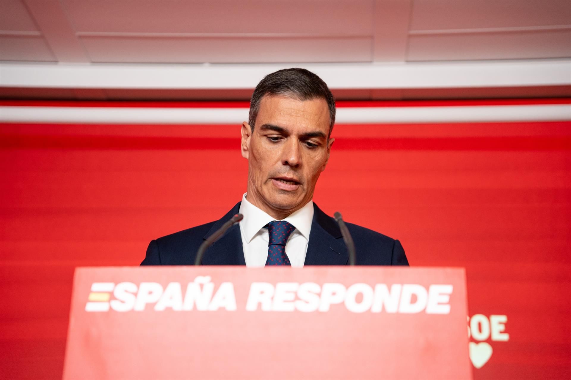 Pedro Sánchez, en su comparecencia en Ferraz. | EUROPA PRESS